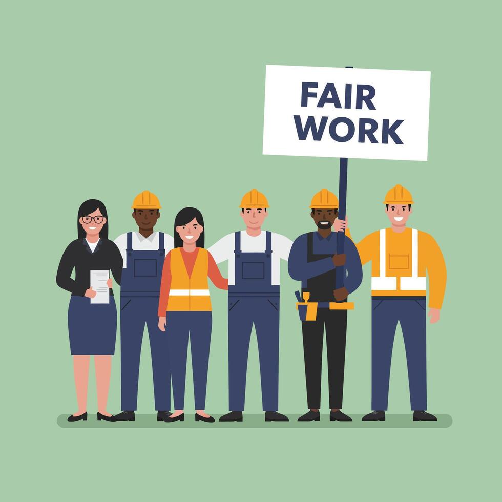 Workers advocating for fair employment rights in flat illustration vector
