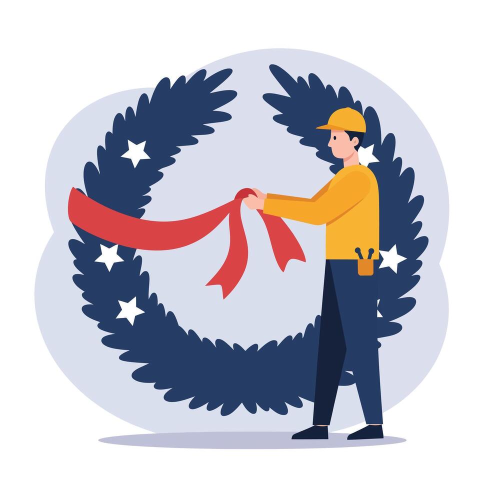 Construction worker cutting ribbon in flat design with decorative wreath art vector
