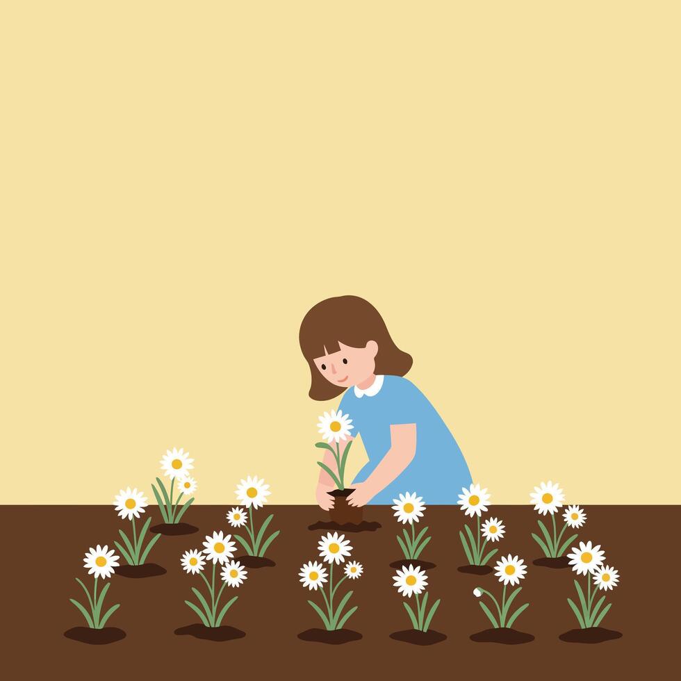 Girl planting flowers in garden with flat design art vector