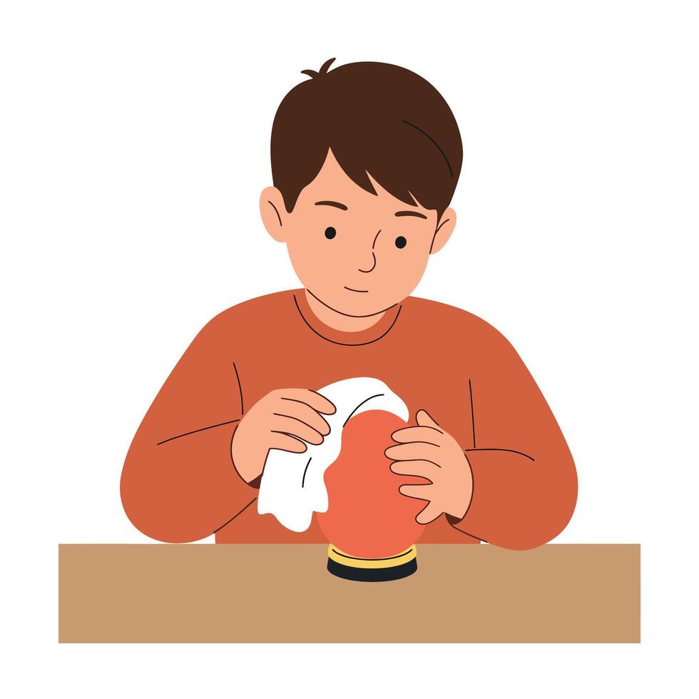 Boy gently cleaning a globe in minimal flat art vector