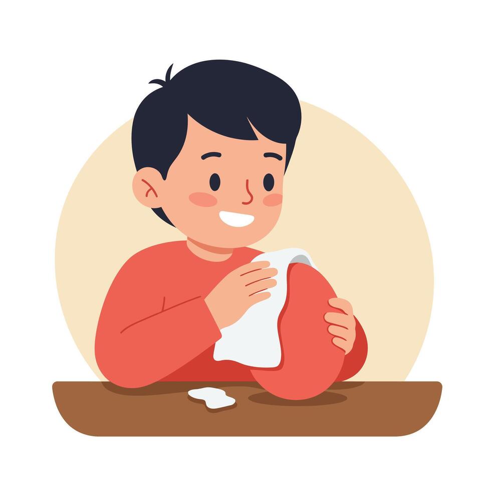 Child happily cleaning a red ball with a cloth in flat art vector
