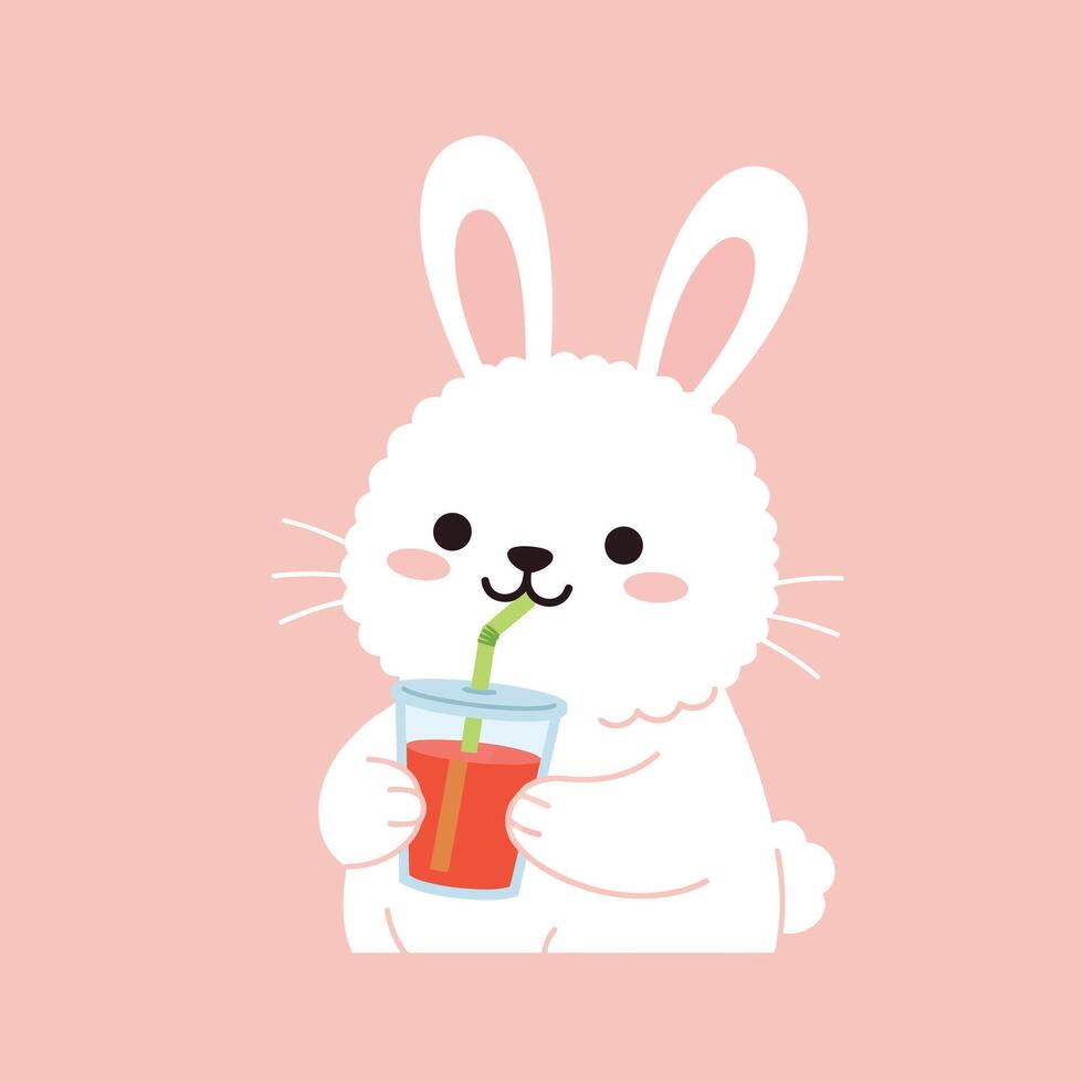 Cute fluffy bunny enjoying a refreshing drink in flat art vector