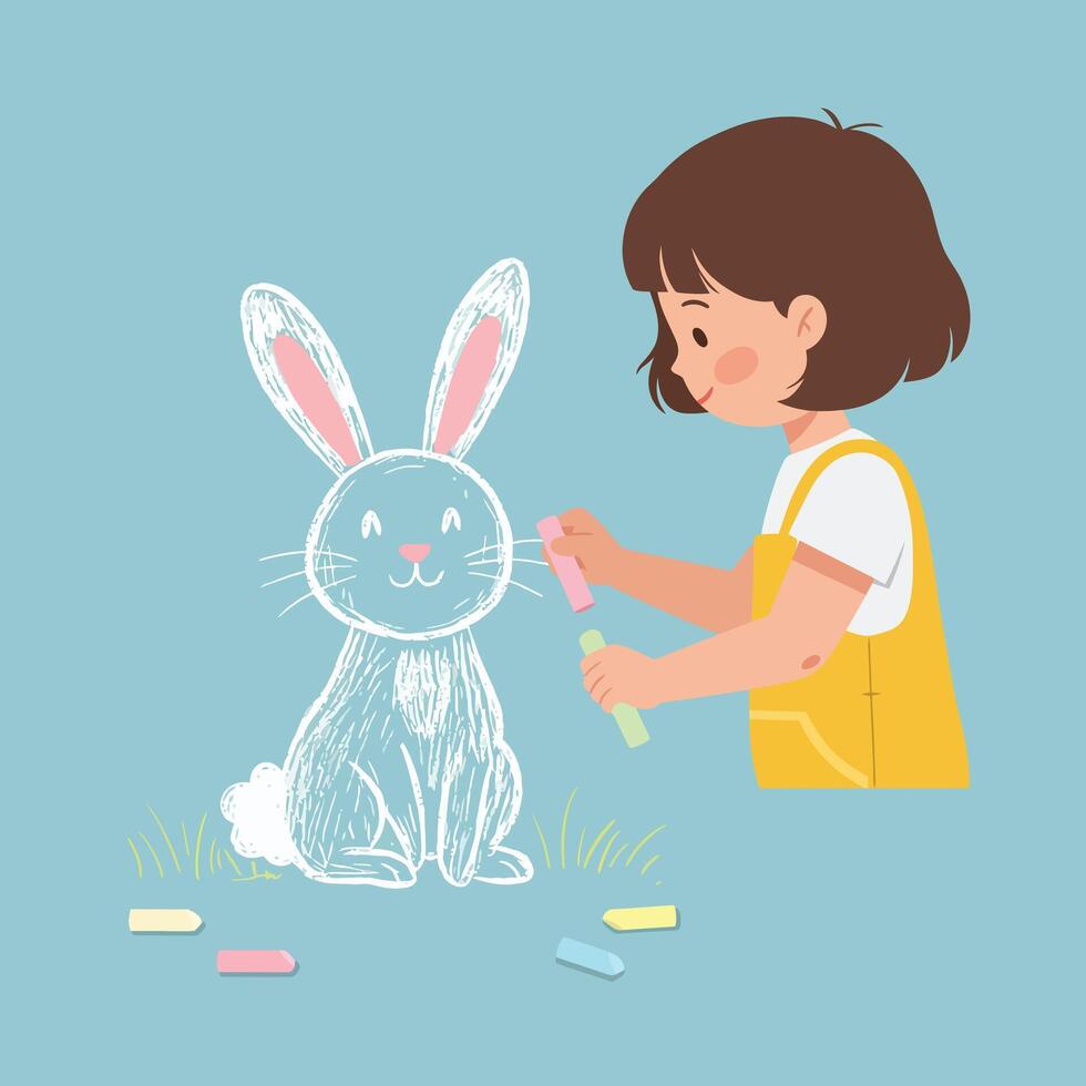 Child drawing a cute rabbit with colorful chalk in flat art vector