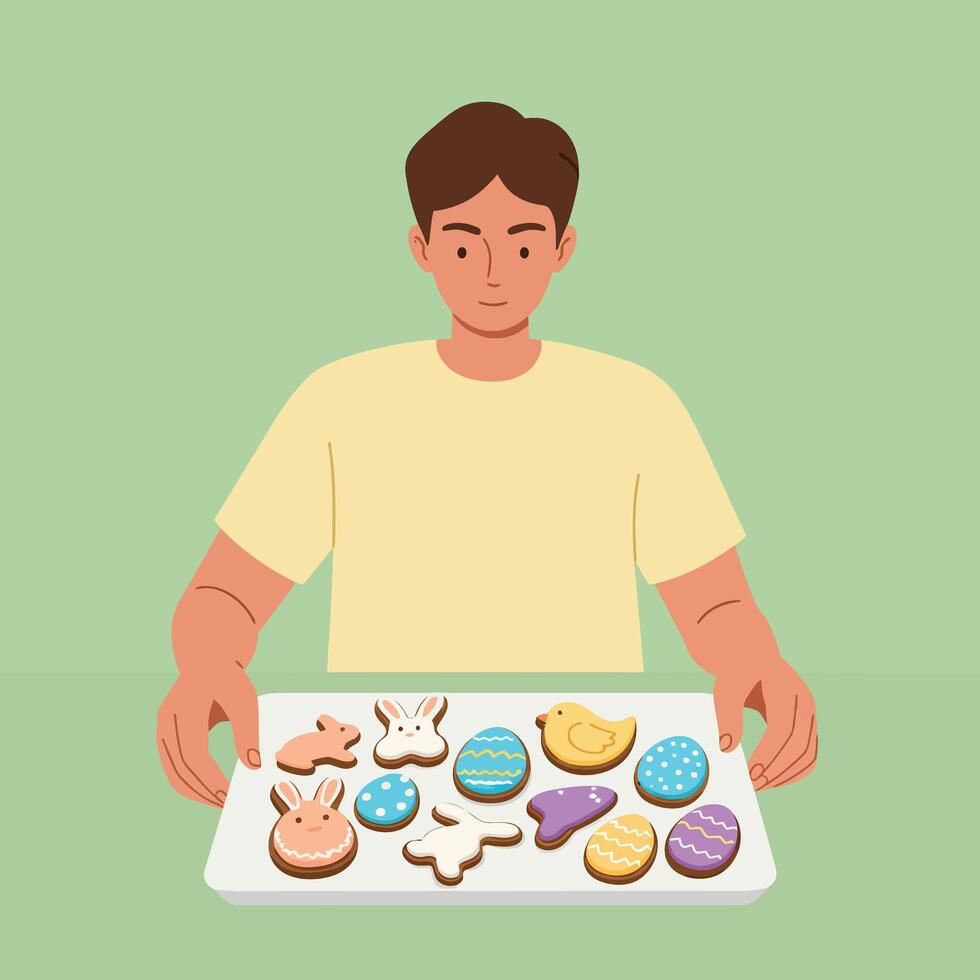 Person presenting colorful decorated cookies in flat minimal art vector