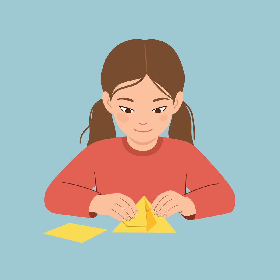 Girl crafting an origami pyramid with flat design art vector