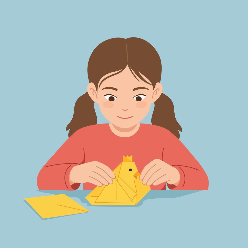 Child engaged in origami activity with detailed flat design art vector