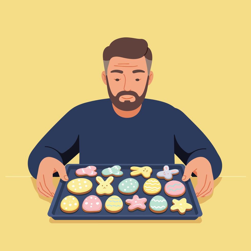 Man presenting colorful cookies in flat design style art vector