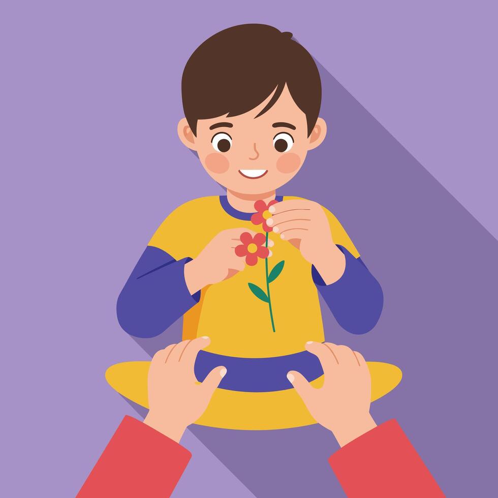 Child joyfully receiving a flower from hands in flat illustration vector