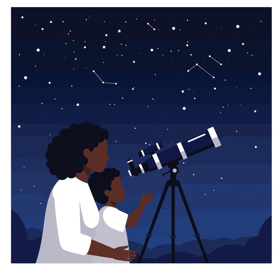 Mother and child observing stars through a telescope in flat art vector