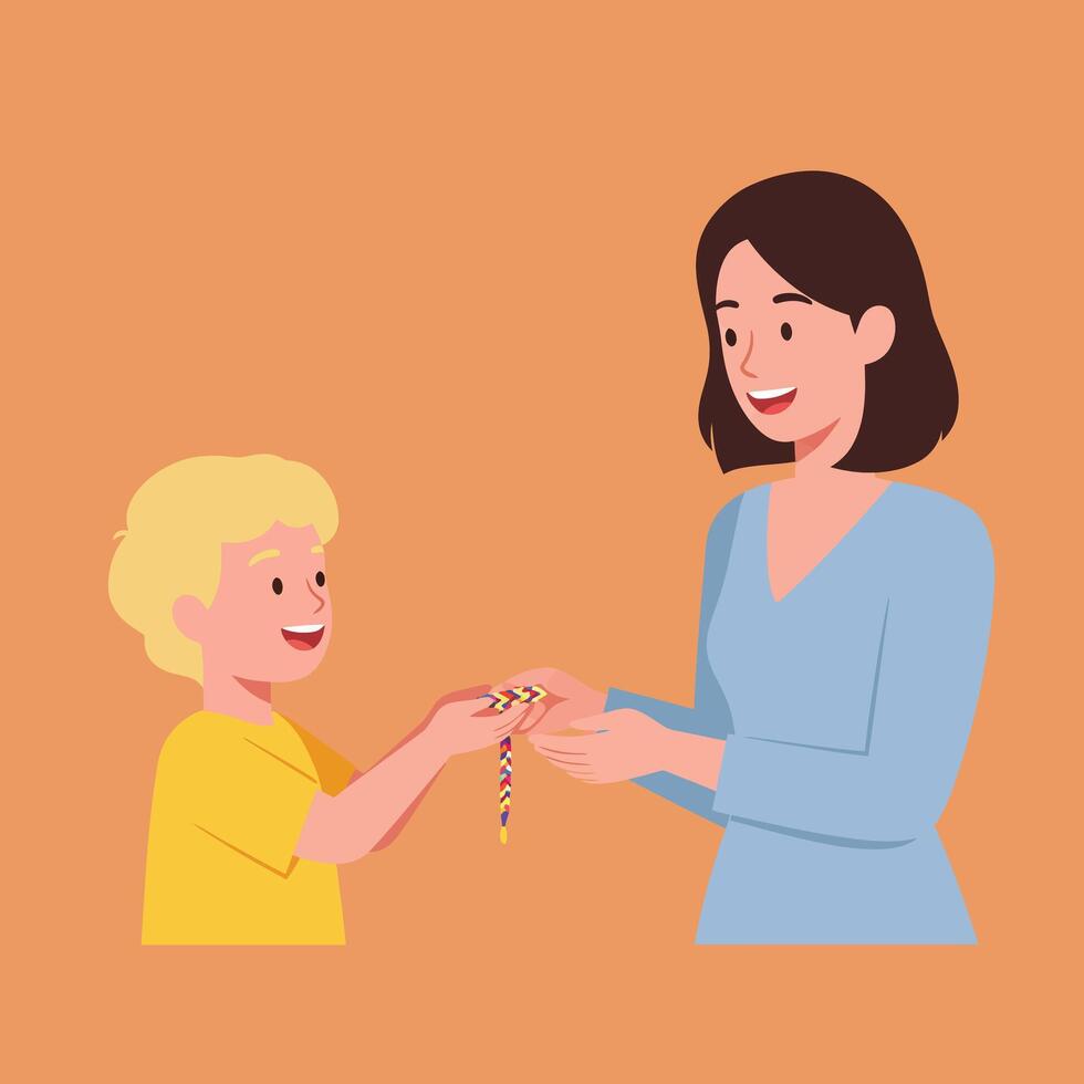Mother and child sharing a colorful bracelet in flat art vector