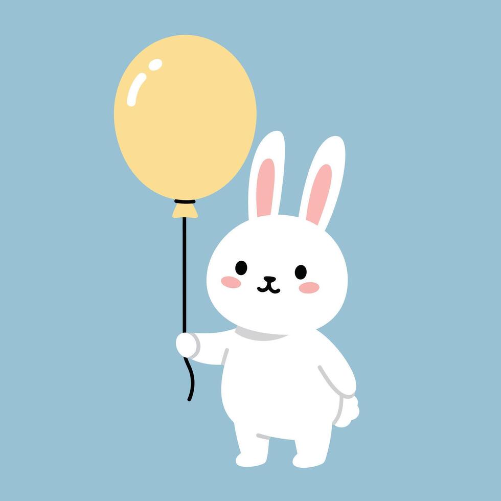 Cute rabbit character holding a balloon in flat minimal art vector