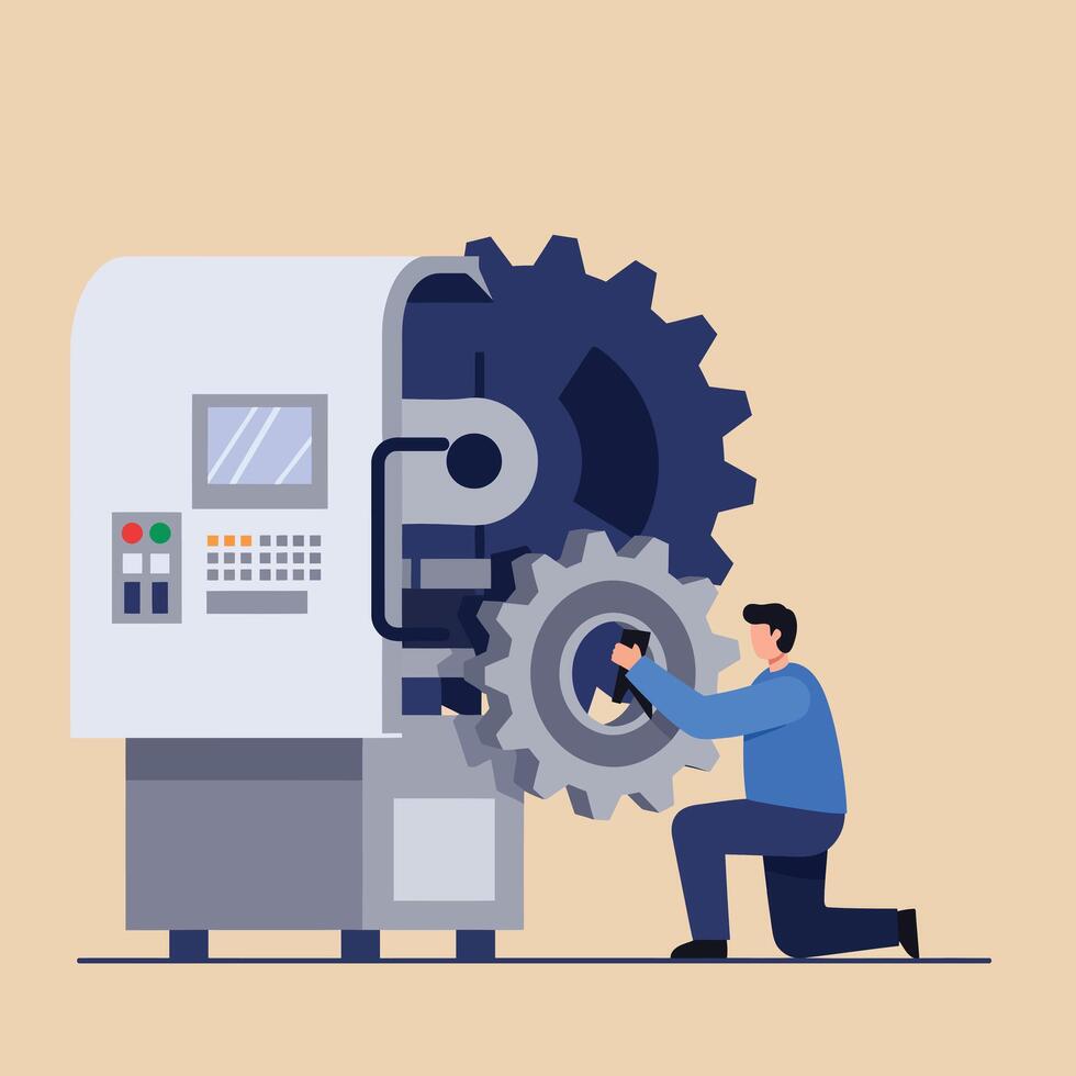 Mechanic working on large gear in flat style illustration vector