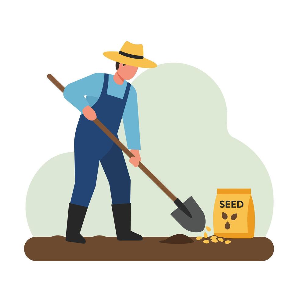 Farmer planting seeds with shovel in minimal flat design art vector