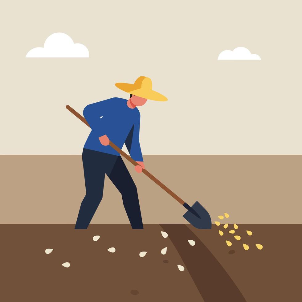 Farmer planting seeds in a field using shovel flat illustration vector