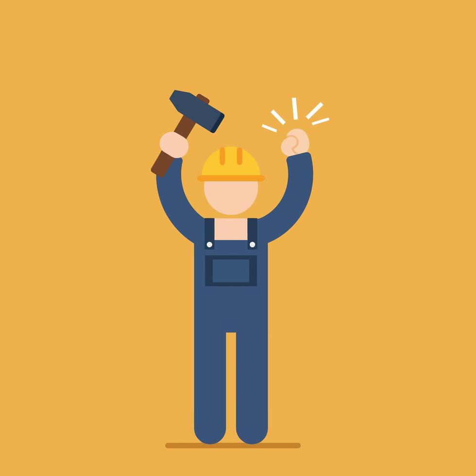 Construction worker celebrating success with hammer and hard hat in minimal art vector