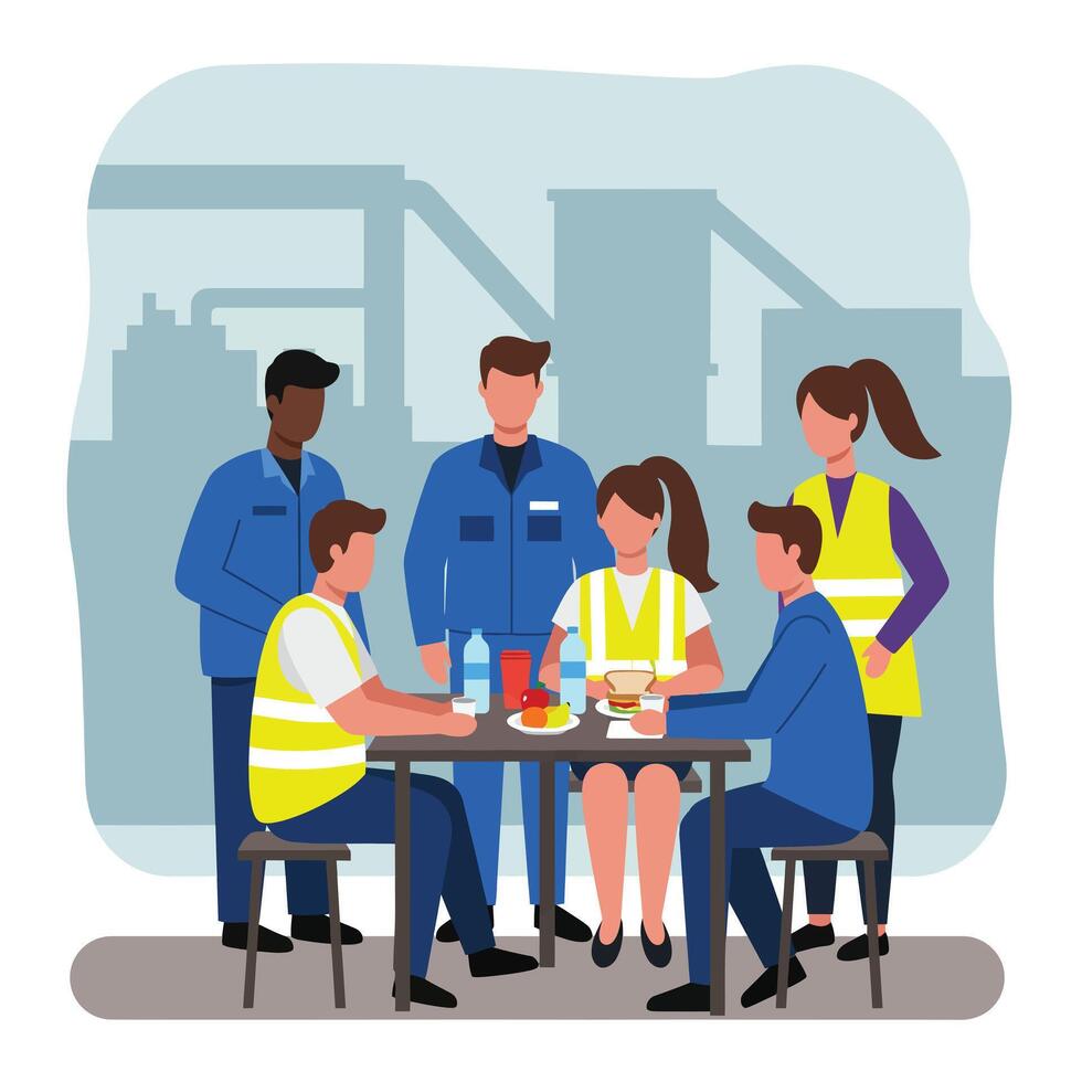 Team of construction workers enjoying lunch together in flat art vector