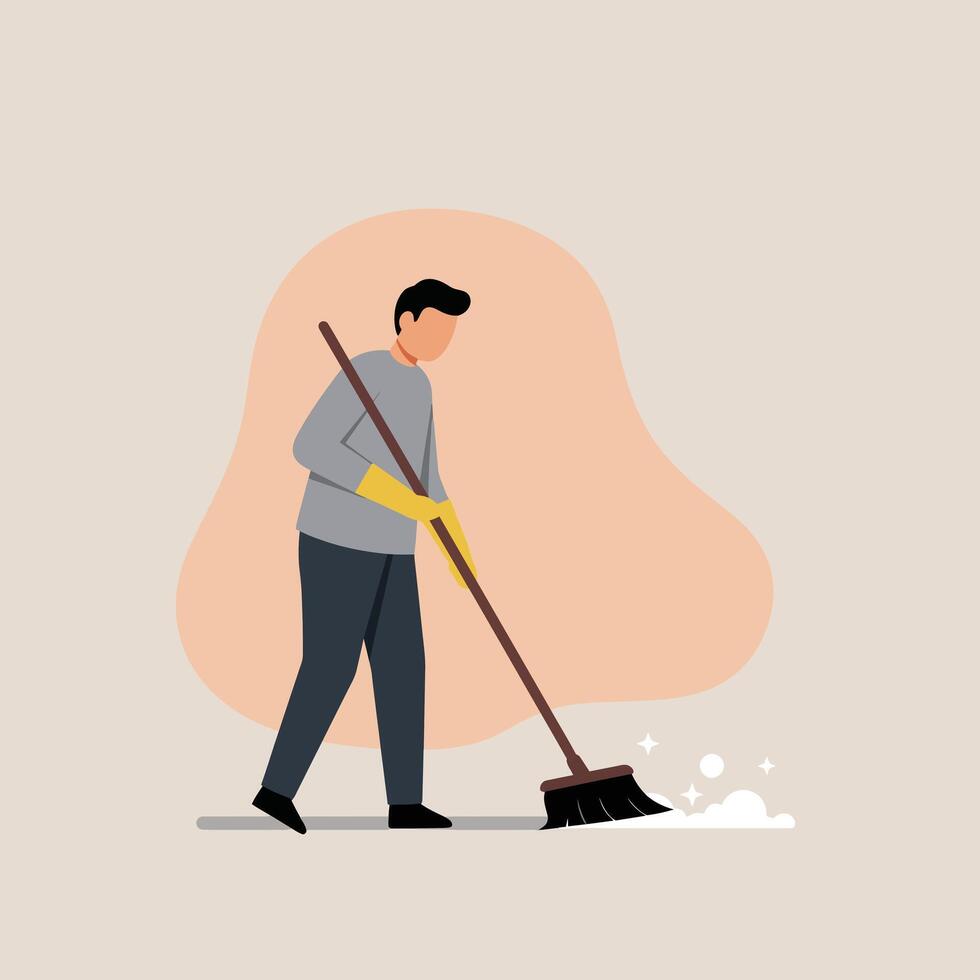 Person sweeping the floor in a minimal flat art style illustration vector