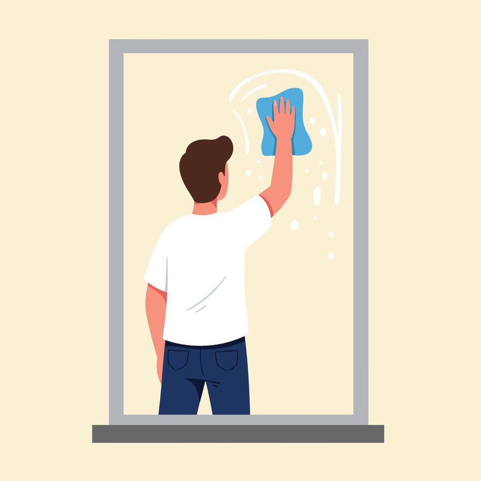 Person cleaning window with cloth in minimal flat design art vector