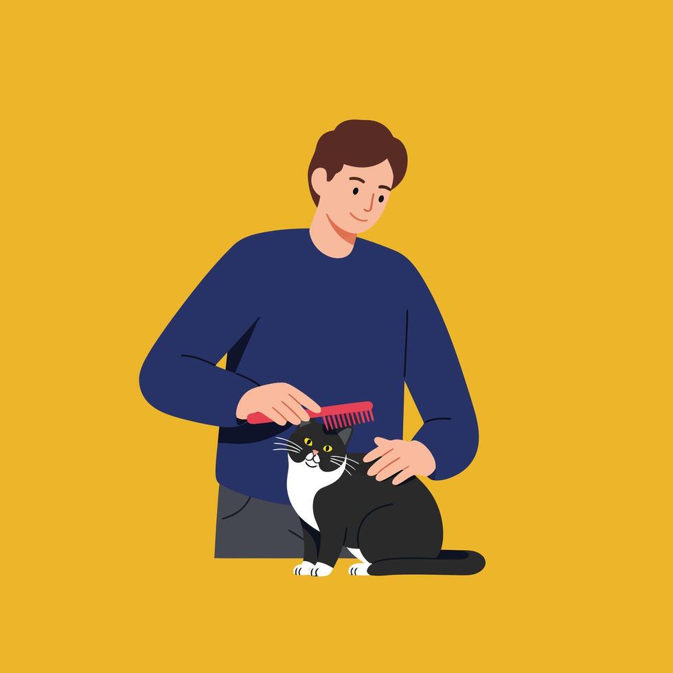 Person grooming black and white cat in flat art style illustration vector