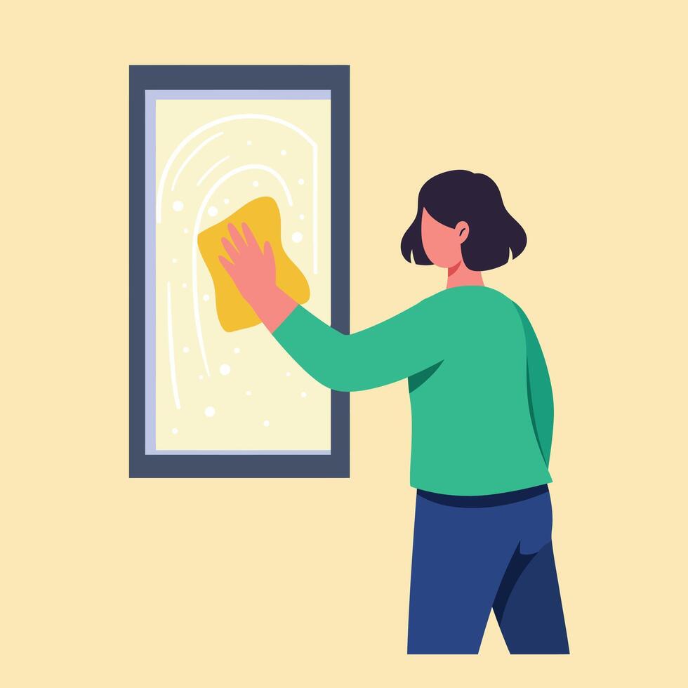 Person cleaning window with sponge in flat art style vector