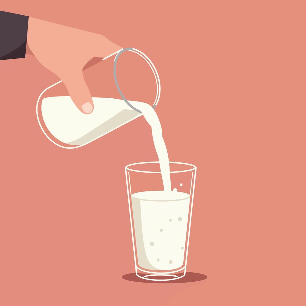 Hand pouring milk into a glass in flat minimal art illustration vector