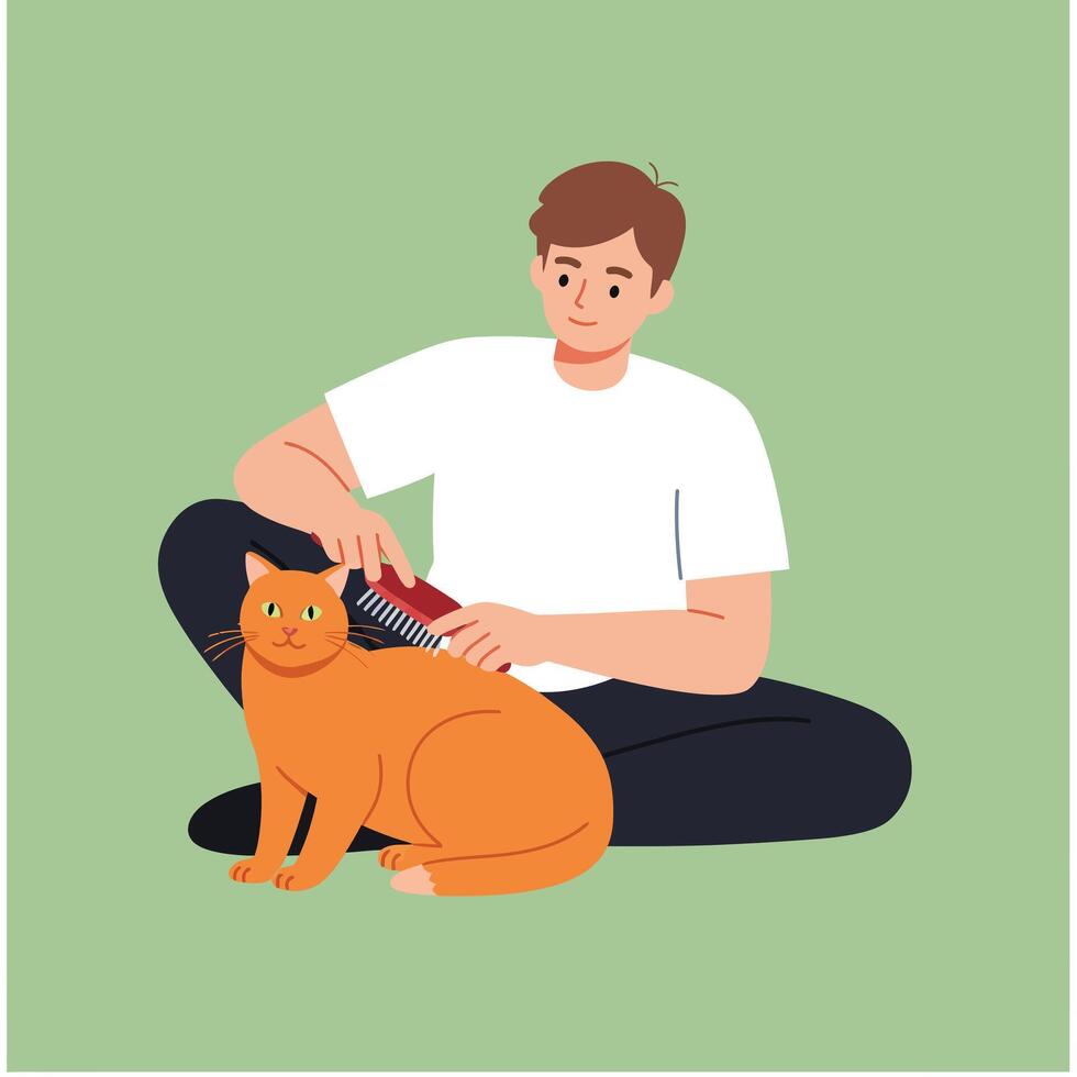 Person grooming cat in a cozy setting with flat design art vector