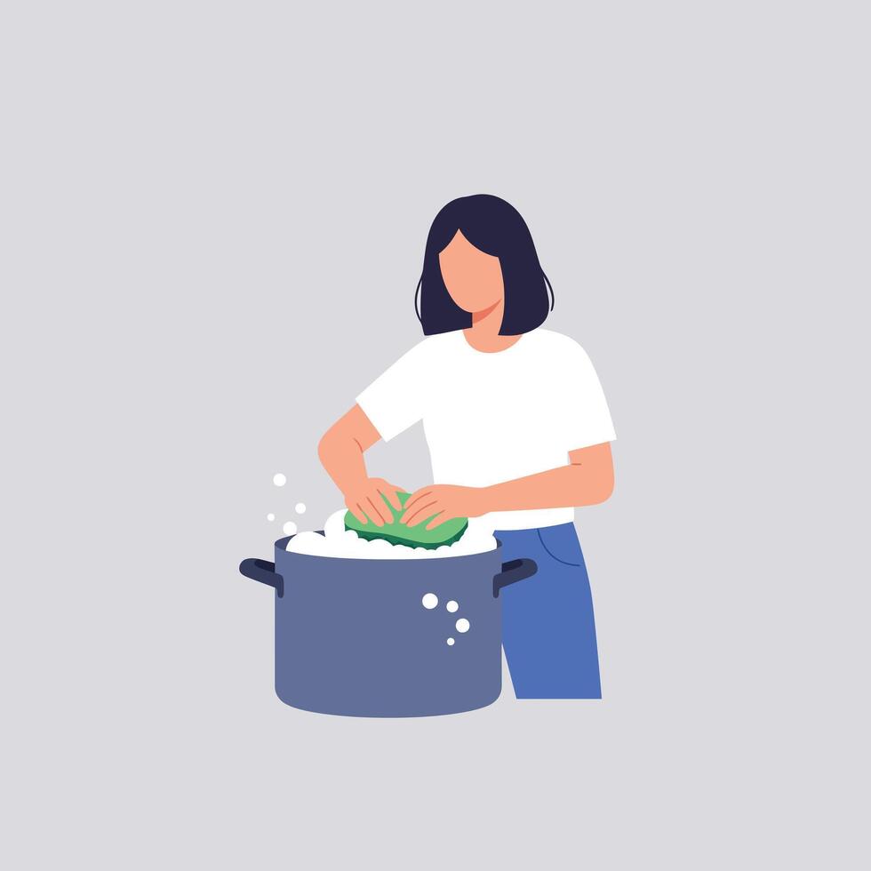 Woman Cooking Vegetables in Pot with Minimalist Flat Design Art vector