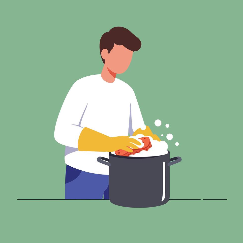 Person washing dishes with soap in flat and colorful art illustration vector