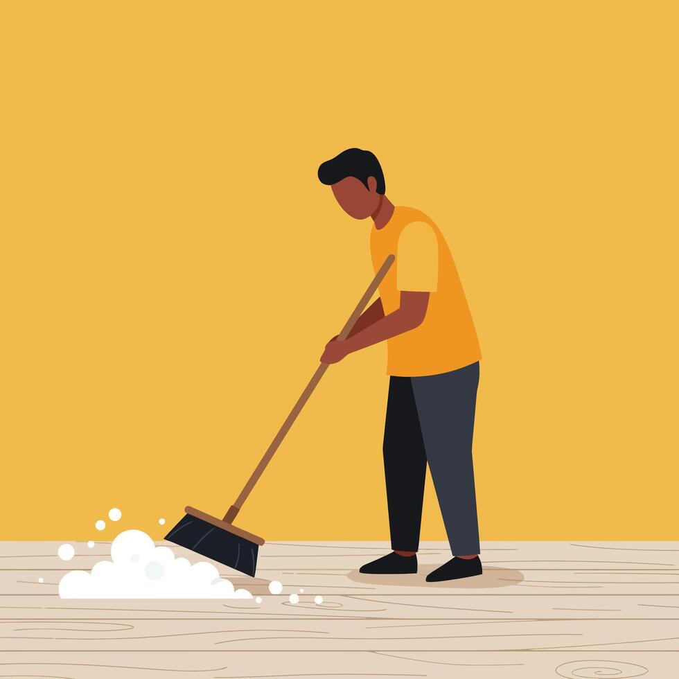 Man sweeping floor with broom in minimal flat design art vector