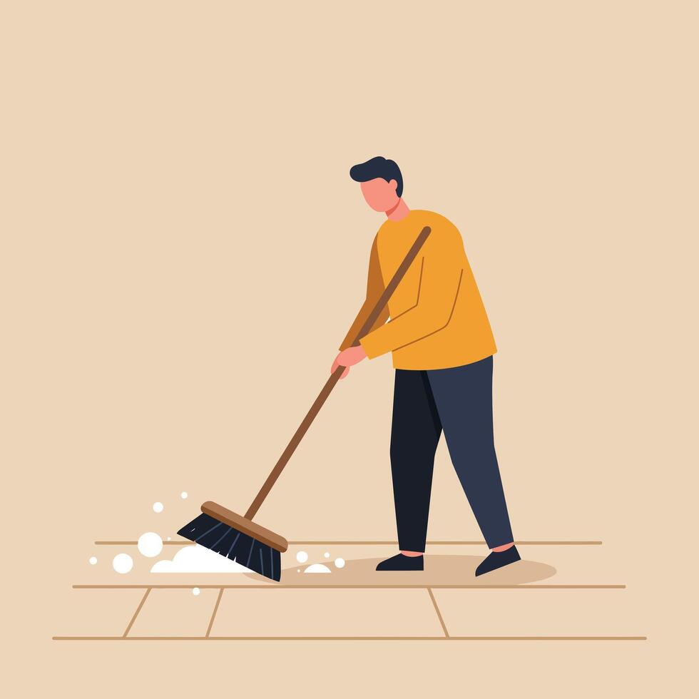 Person sweeping the floor in a flat and minimal art style vector