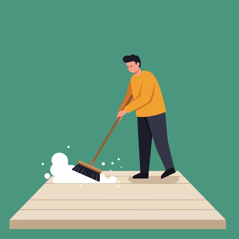 Person sweeping floor with broom in flat minimal art illustration vector