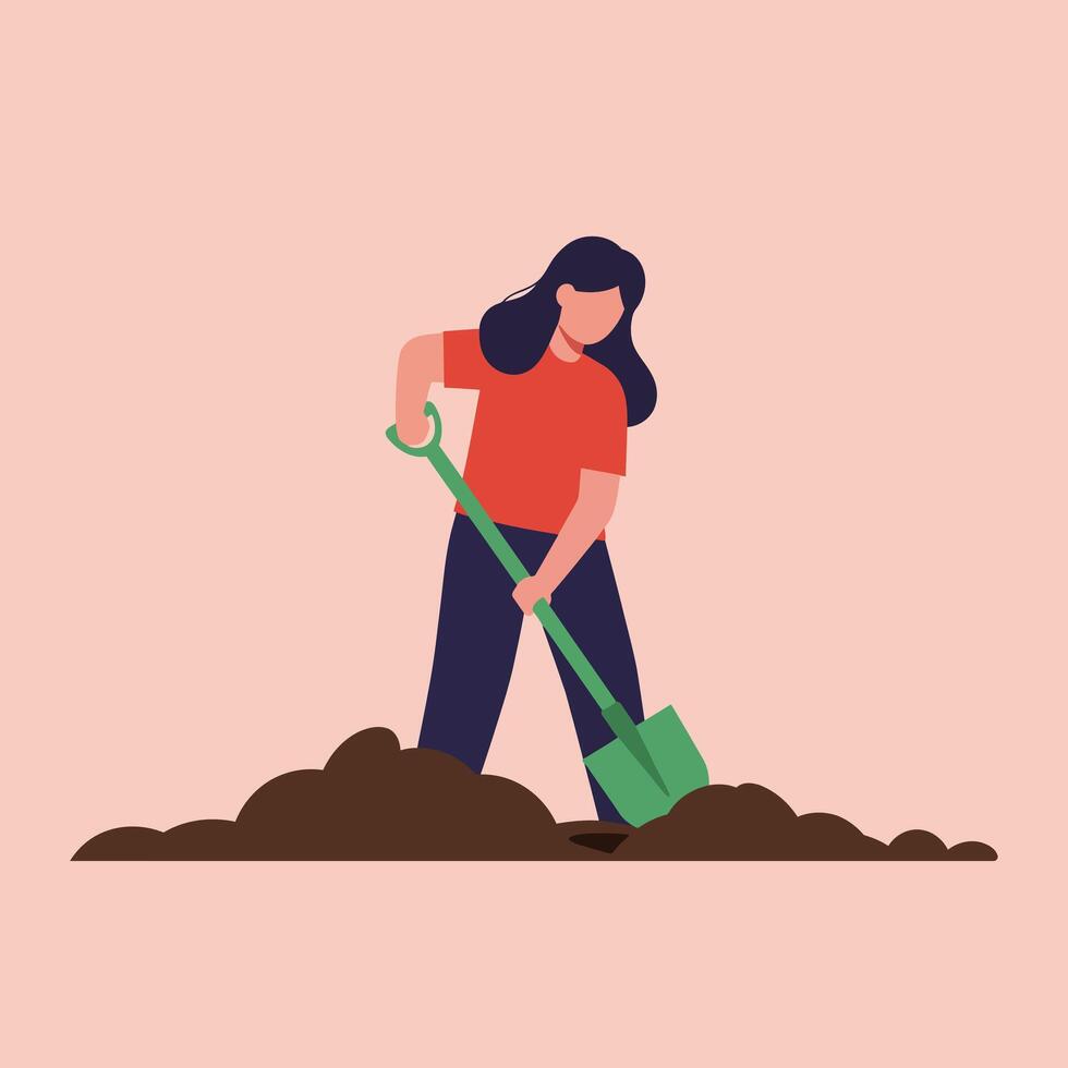 Woman digging in soil with shovel in flat style art vector