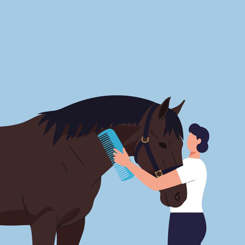 Horse grooming process with a person in flat art style illustration vector