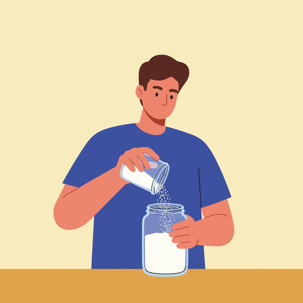 Young man pouring sugar into a clear jar in flat art vector