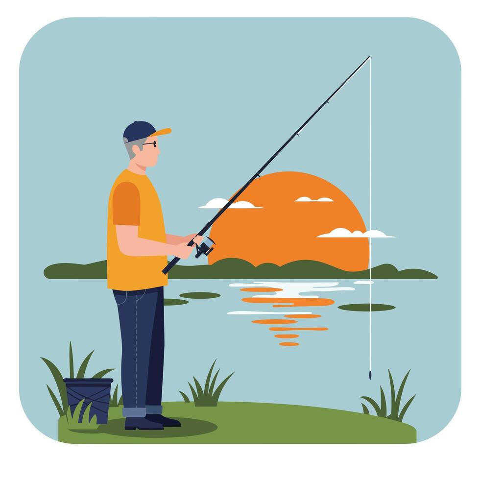Fisherman casting line at sunset in flat art vector