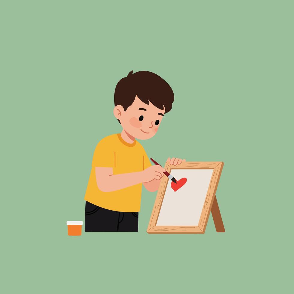 Young boy painting a heart on canvas in flat art style vector