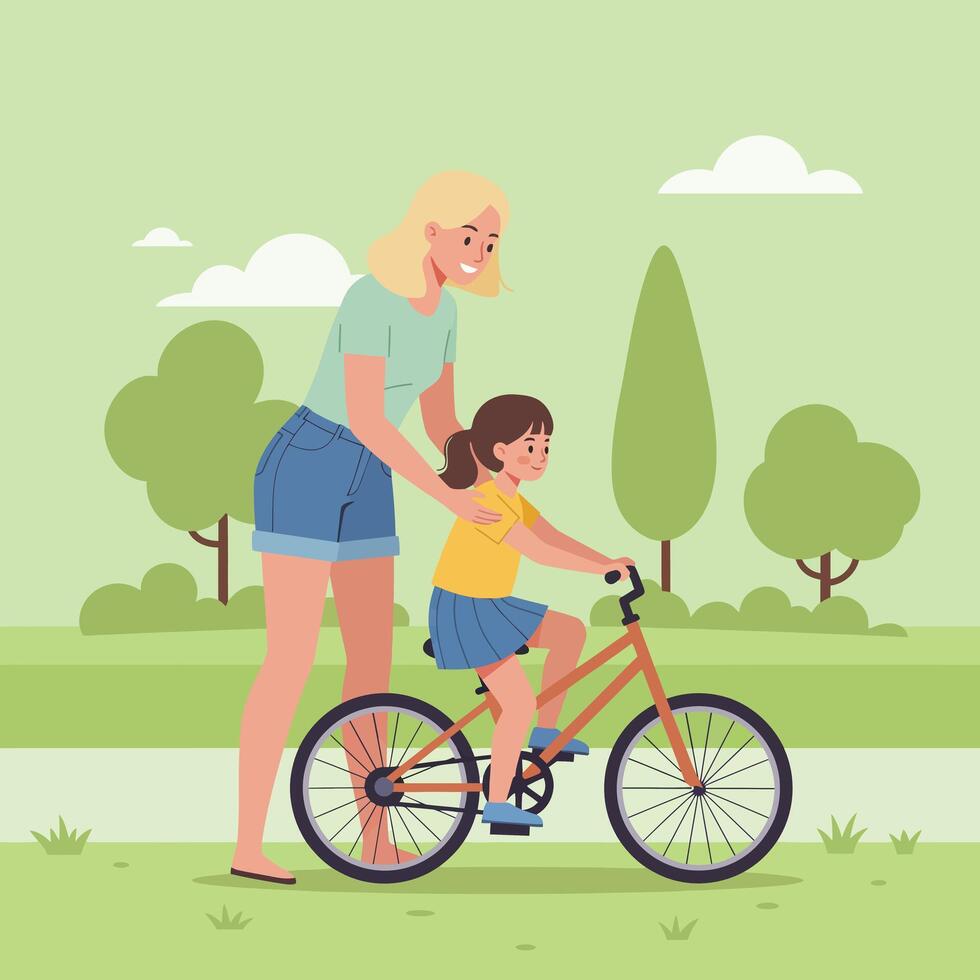 Mother guiding daughter on bicycle in flat, colorful art vector