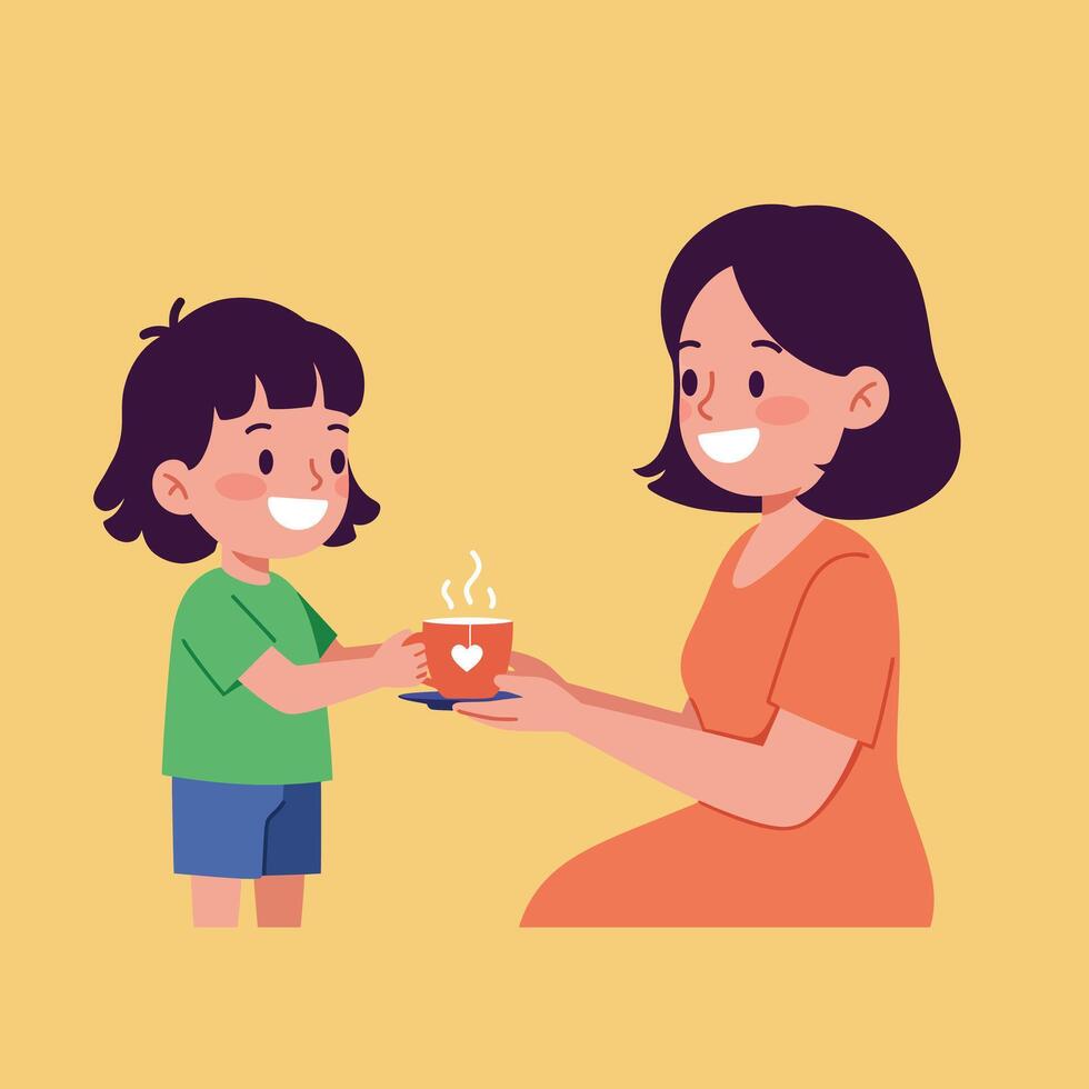 Child giving warm drink to smiling parent in flat art vector