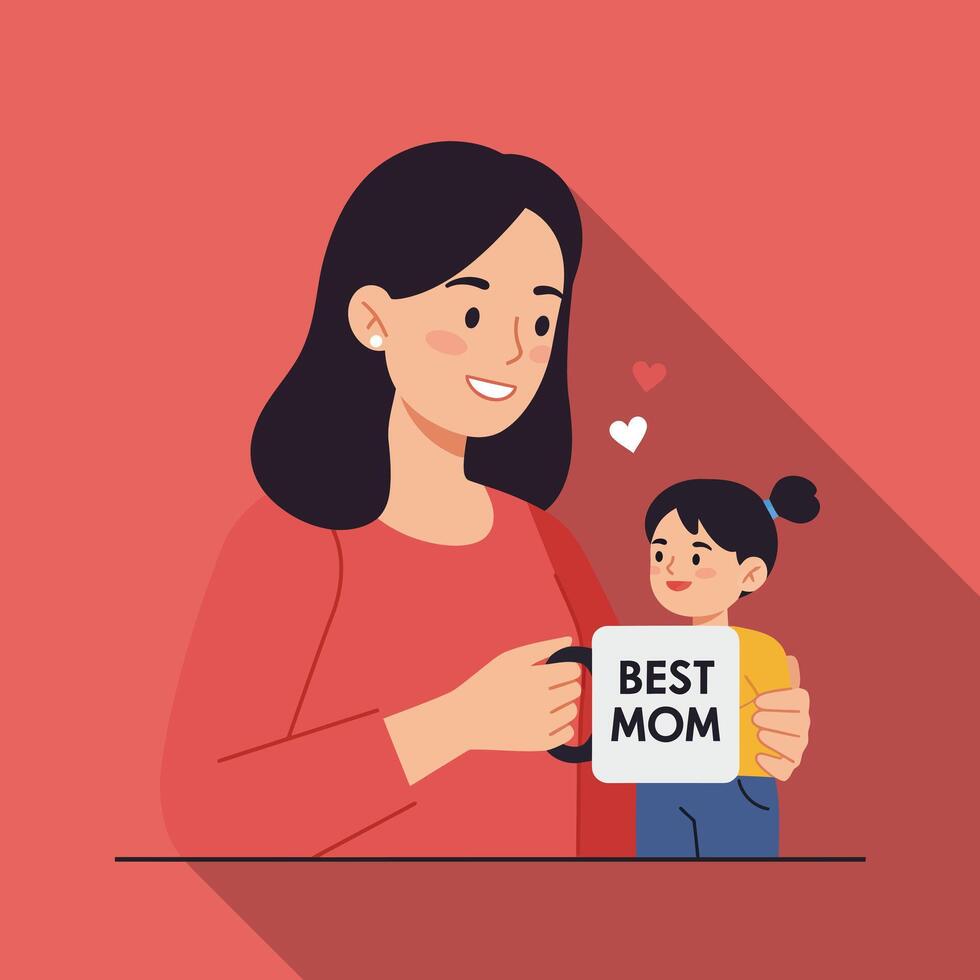 Loving mother holding a mug with child illustration in flat art vector
