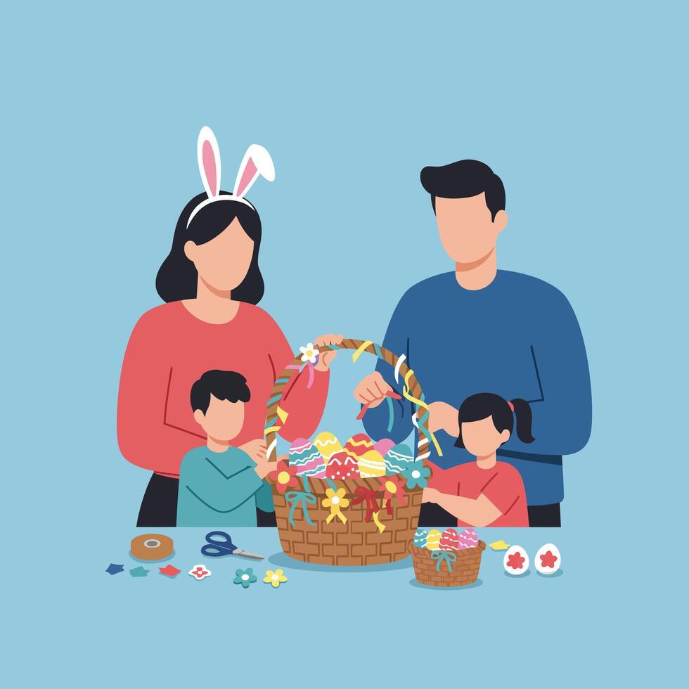 Family engaging in Easter craft activity with minimal design style illustration vector