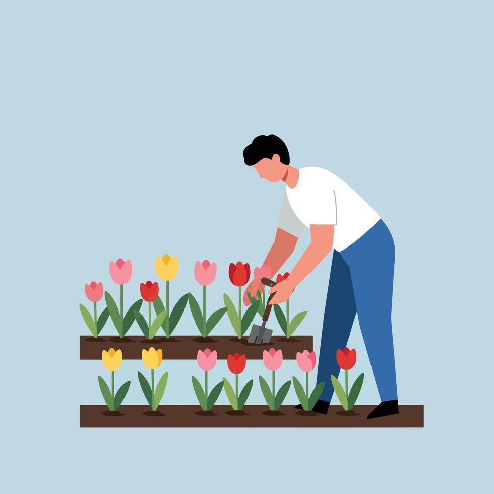 Gardener tending to flower bed in flat art style showcasing vibrant colors and shapes illustration vector