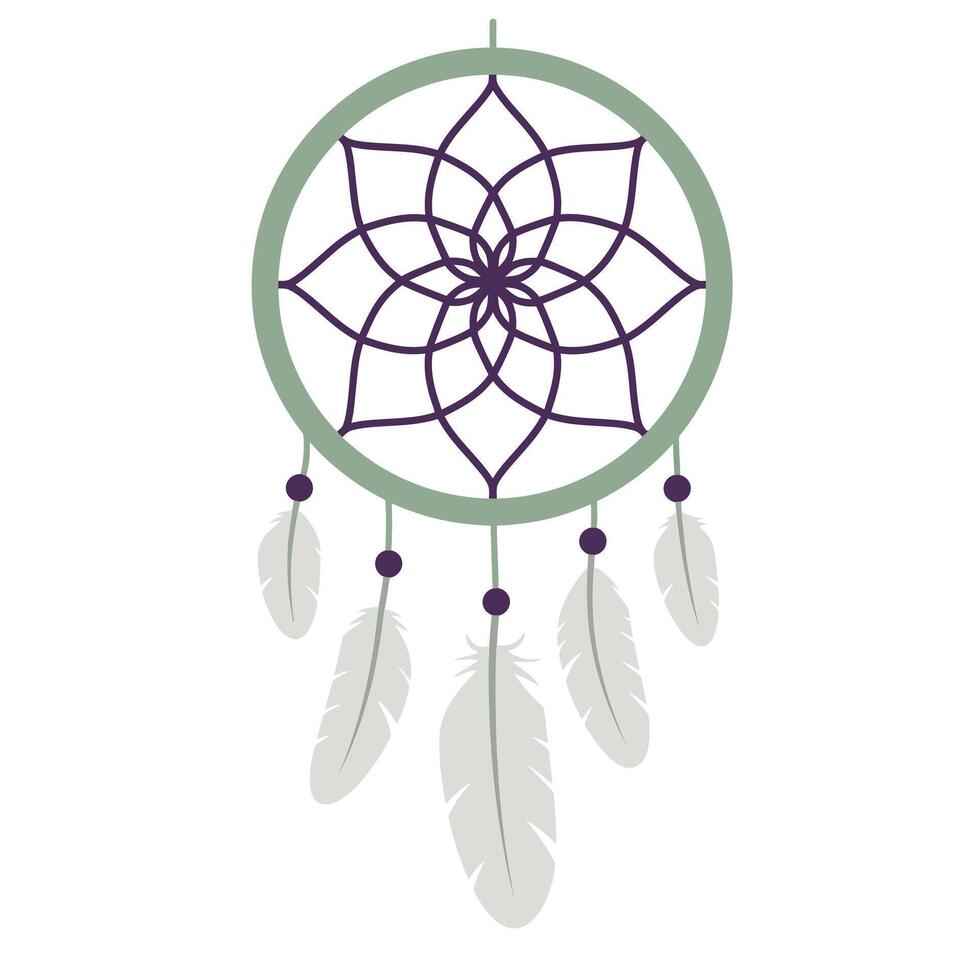 Dreamcatcher design featuring feathers and geometric patterns in flat art vector
