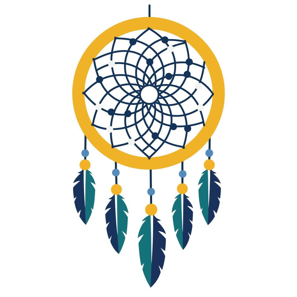 Dreamcatcher design featuring intricate web and colorful feathers in flat art style vector