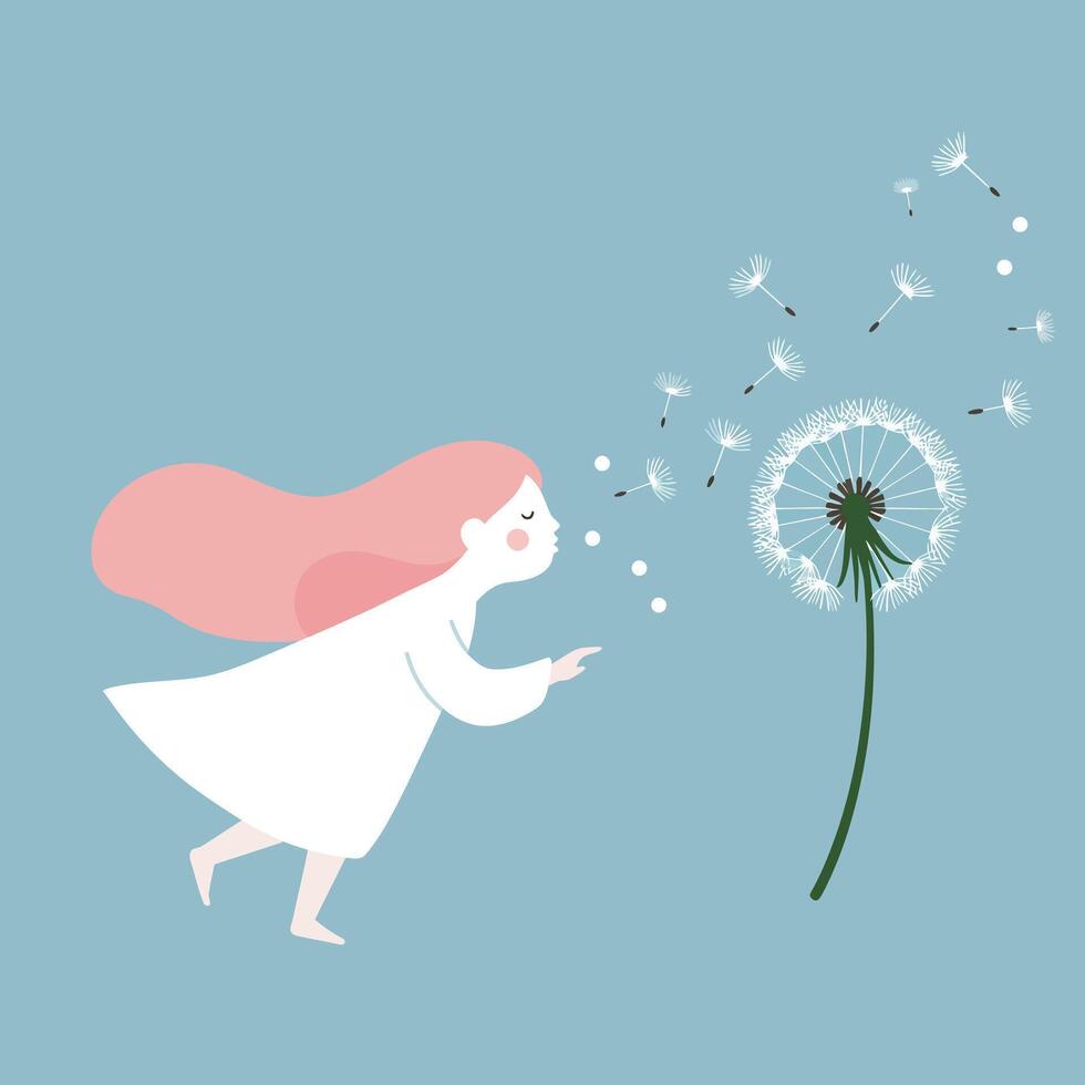 Girl blowing seeds from dandelion in flat pastel style illustration vector