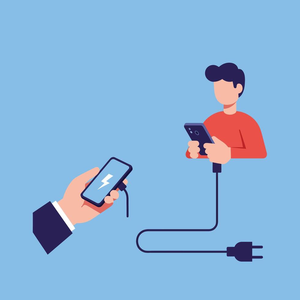 Hand connecting charging cable to a phone in flat art vector