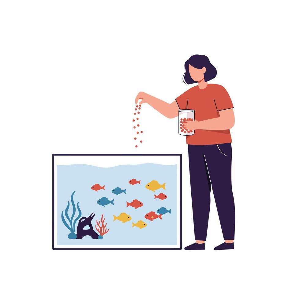 Person feeding colorful fish in aquarium with flat minimal art vector