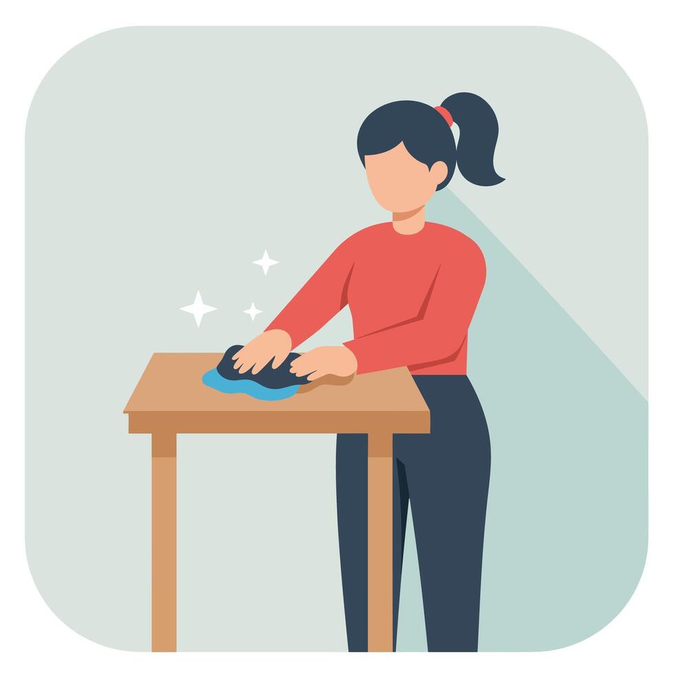 Woman cleaning a table with a cloth in flat art vector