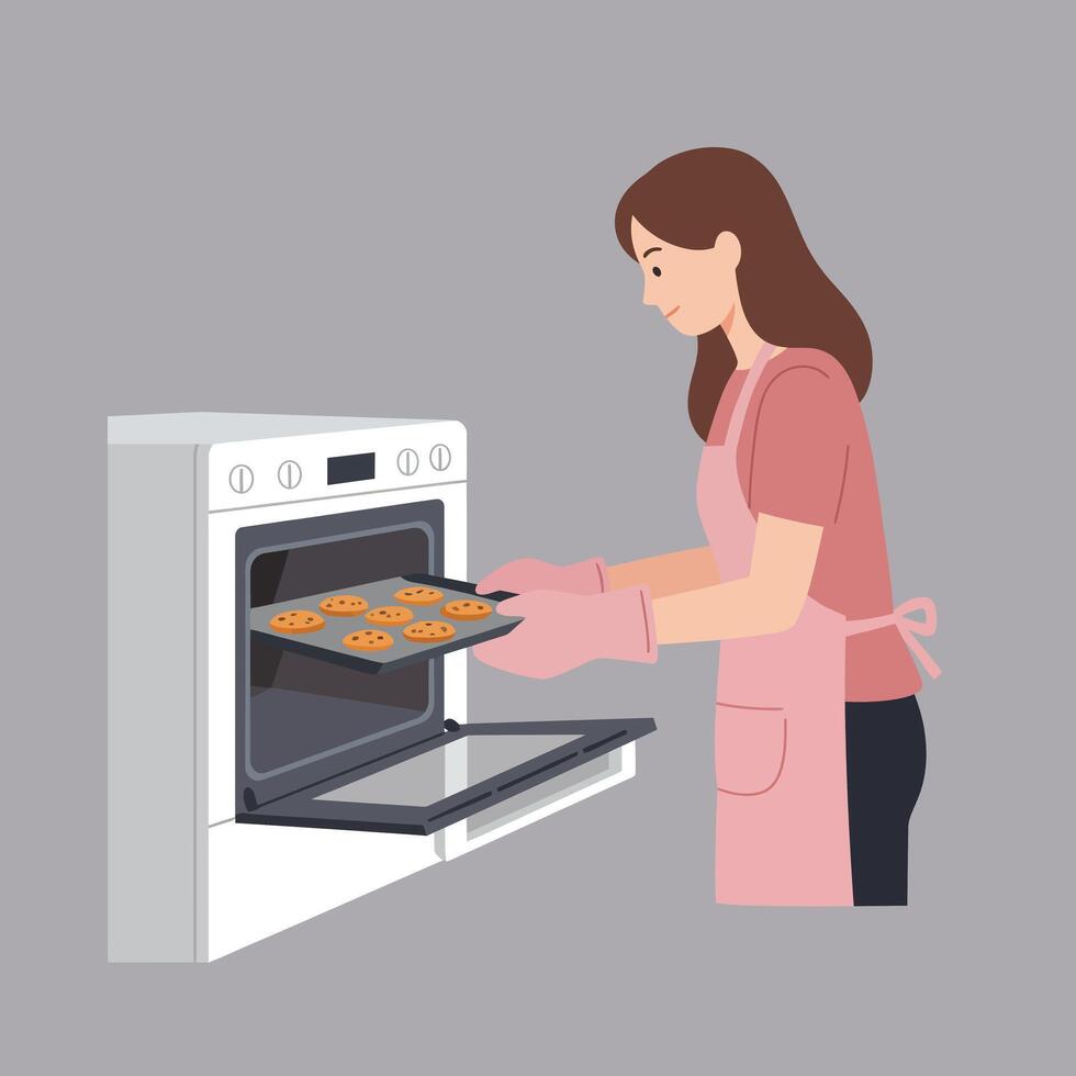 Woman removing freshly baked cookies from oven in minimal style art vector