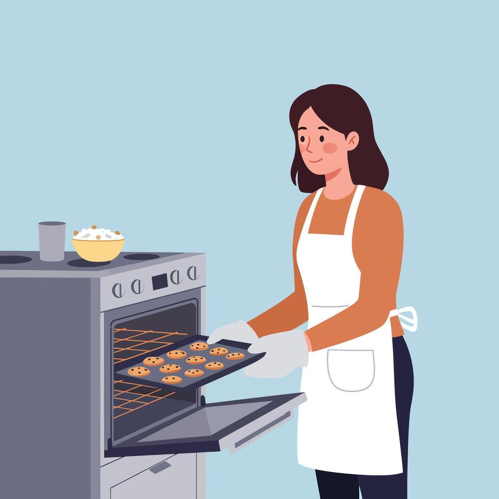 Woman baking cookies in oven with flat minimal design art vector