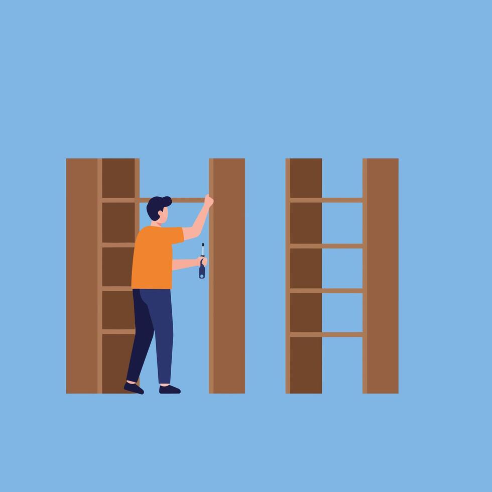 Man assembling wooden shelves in flat minimal art illustration vector